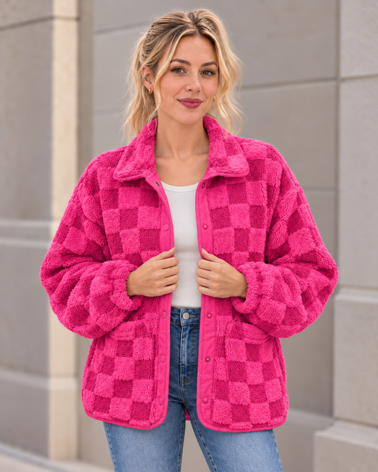 Abril, chaqueta de borreguito a cuadros — Fucsia