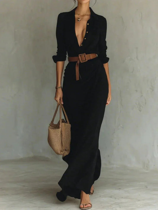 Clara | Maxi con Cuello Solapa y Cinturón