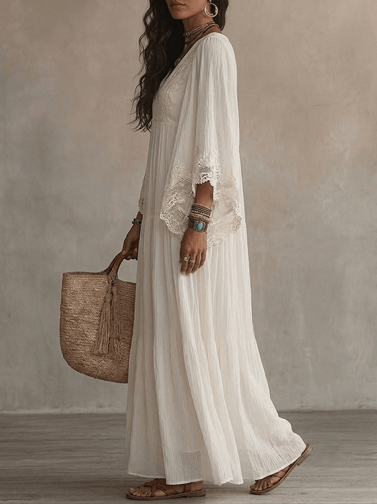 Noémie | Maxi Fluido con Encaje y Escote en V
