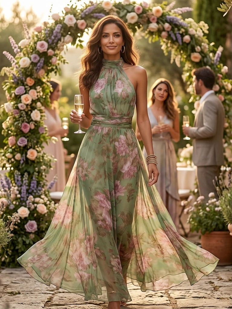 Aurora | Maxi Floral con Escote Halter y Caída Fluida