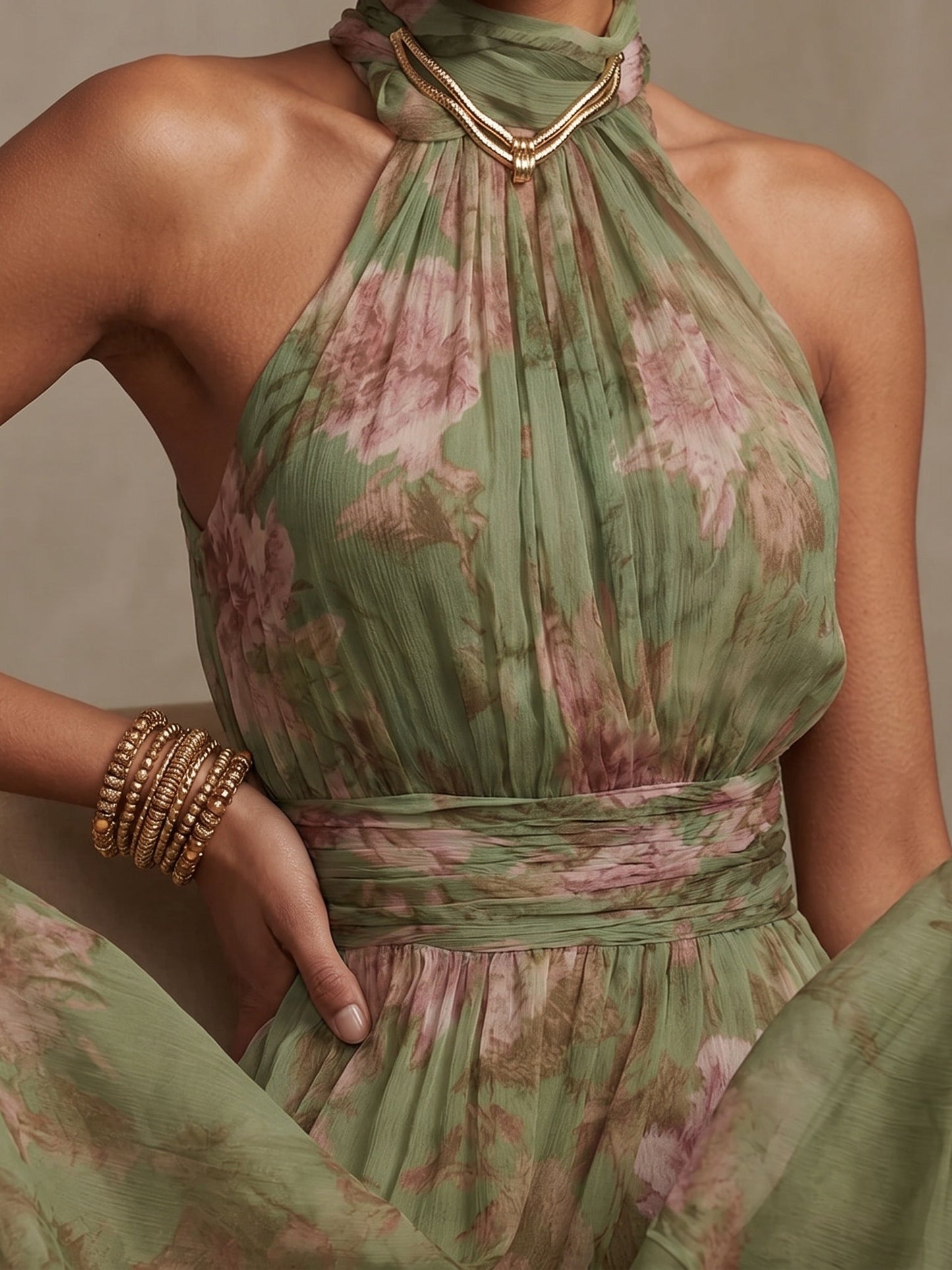 Aurora | Maxi Floral con Escote Halter y Caída Fluida