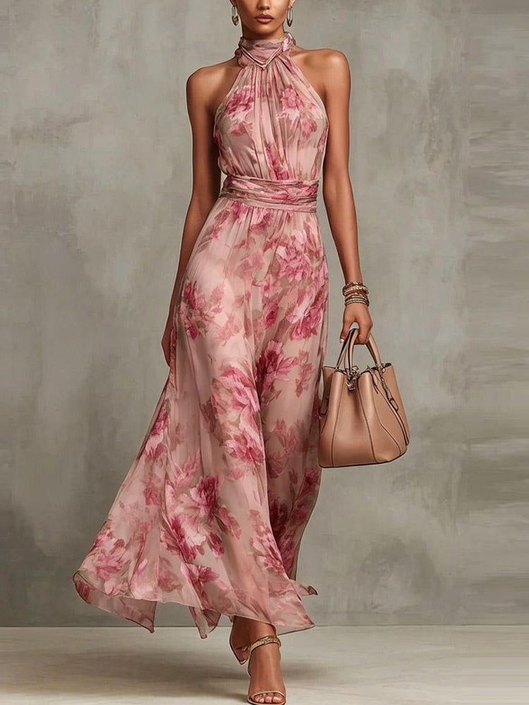 Aurora | Maxi Floral con Escote Halter y Caída Fluida