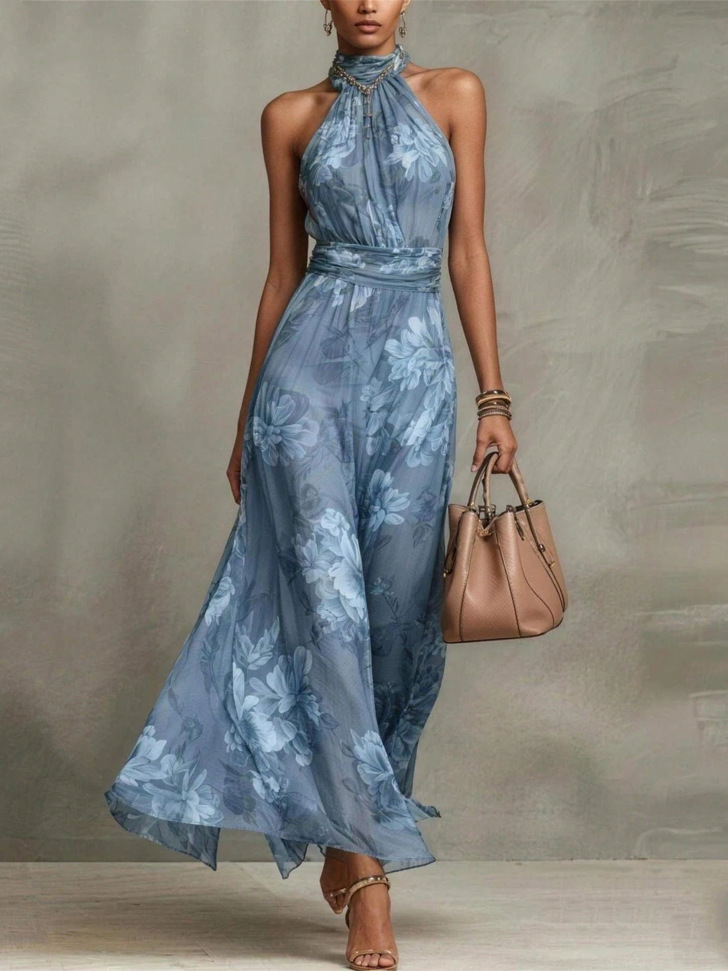 Aurora | Maxi Floral con Escote Halter y Caída Fluida