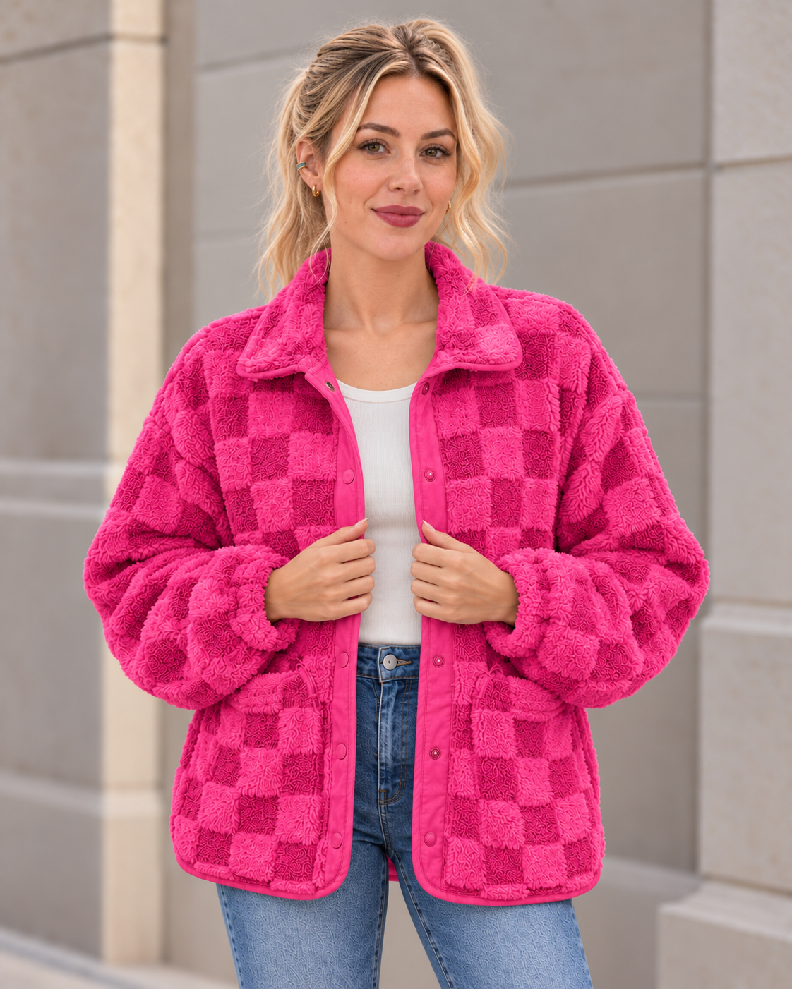 Abril, chaqueta de borreguito a cuadros — Fucsia