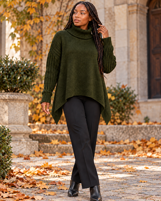 Jersey de cuello alto asimétrico en color verde-oliva, modelo Almara en otoño