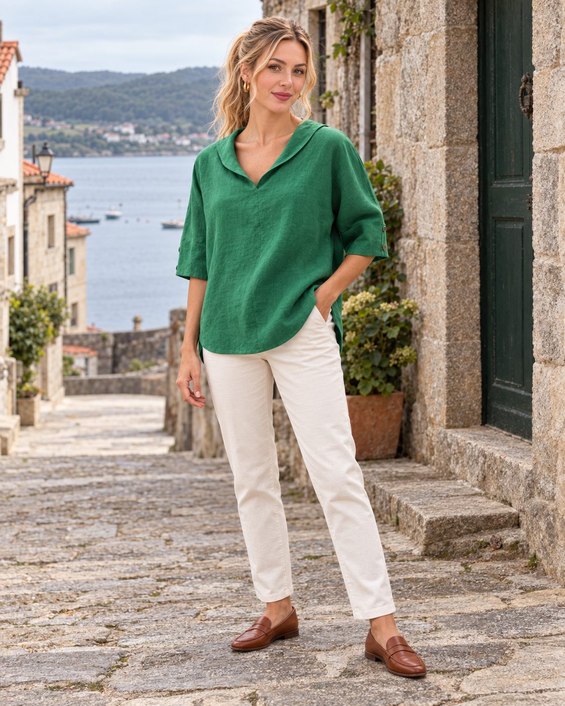 Julia en verde con Vera, blusa de lino y pantalón crema, paisaje de Galicia.