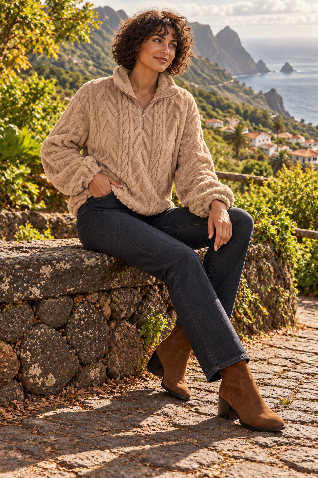 Jersey Leire de relieve con cremallera, color camel, modelo morena en Tenerife