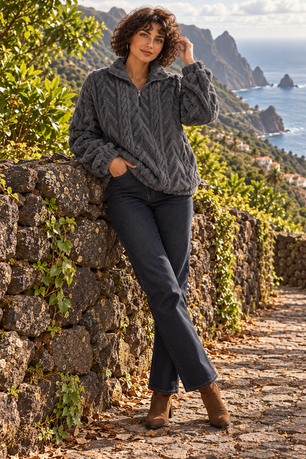 Jersey Leire de relieve con cremallera, color gris oscuro, modelo morena en Tenerife