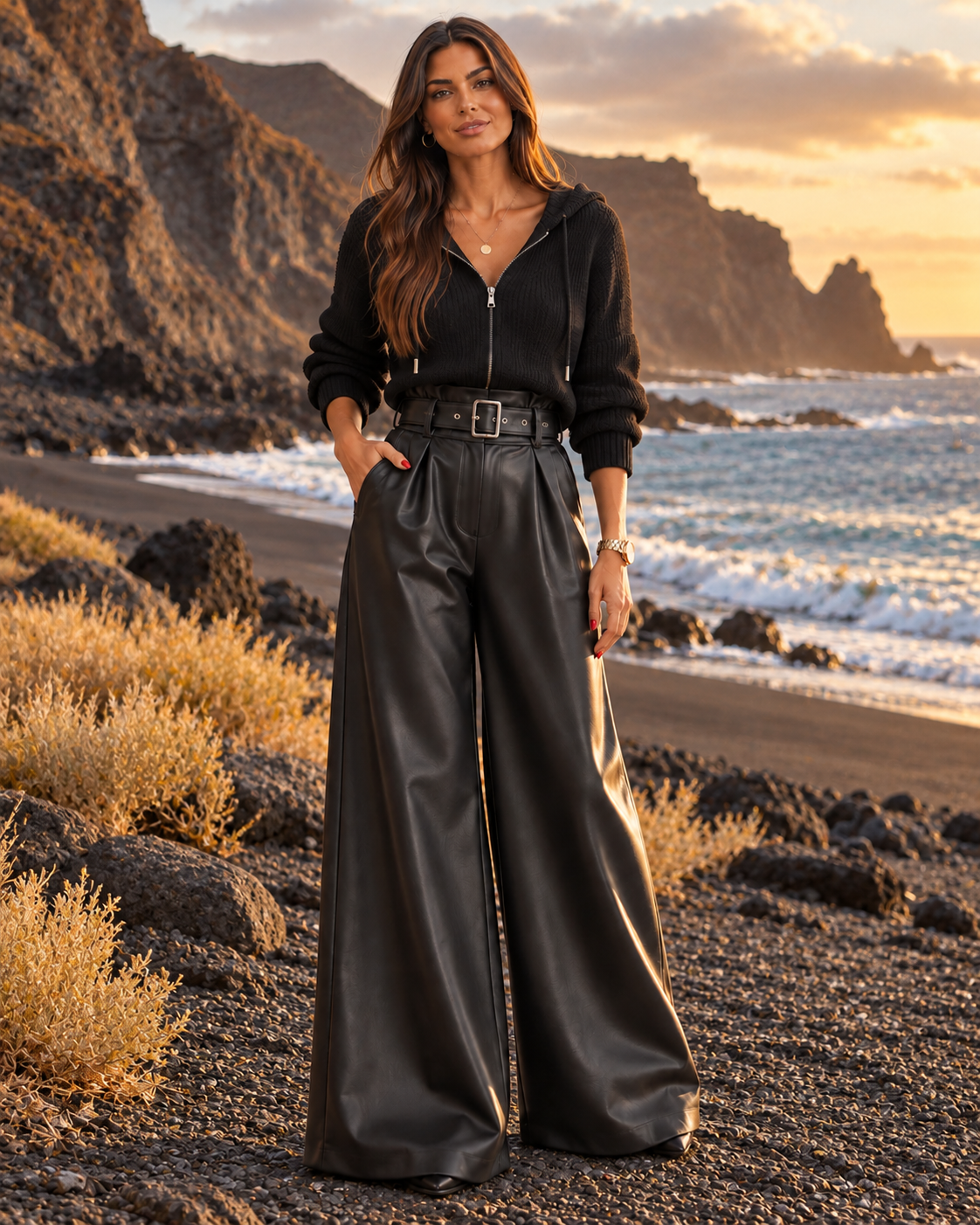 Paula pantalón ancho negro en playa volcánica canaria