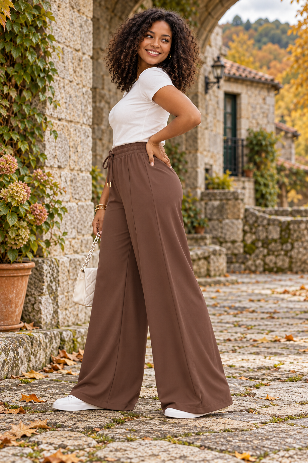 Perla pantalón palazzo marron en Galicia