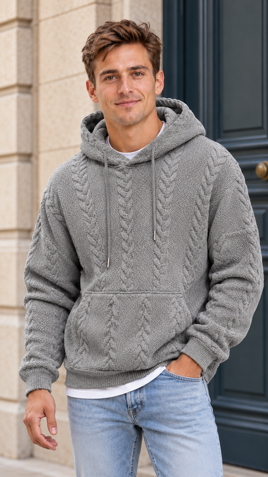 Lucas con sudadera Bruno Boreal gris y vaquero claro — Almara Boutique