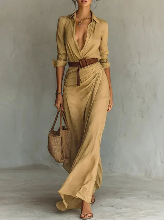 Clara | Maxi con Cuello Solapa y Cinturón