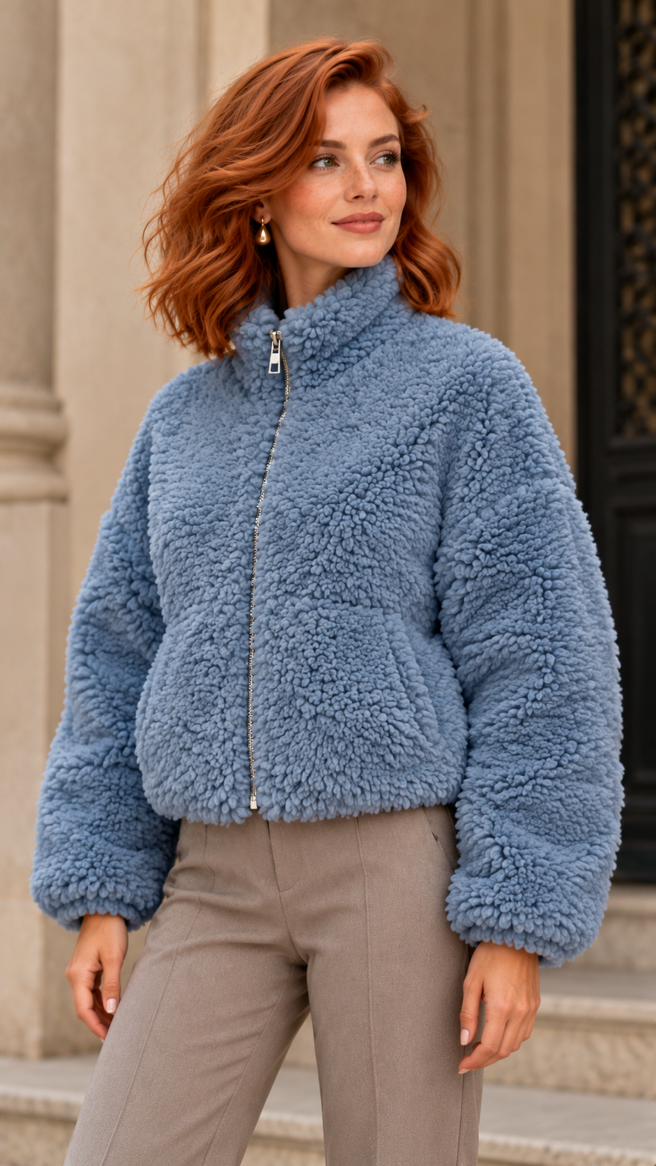 Celia, chaqueta corta de borreguito azul, vista de tres cuartos