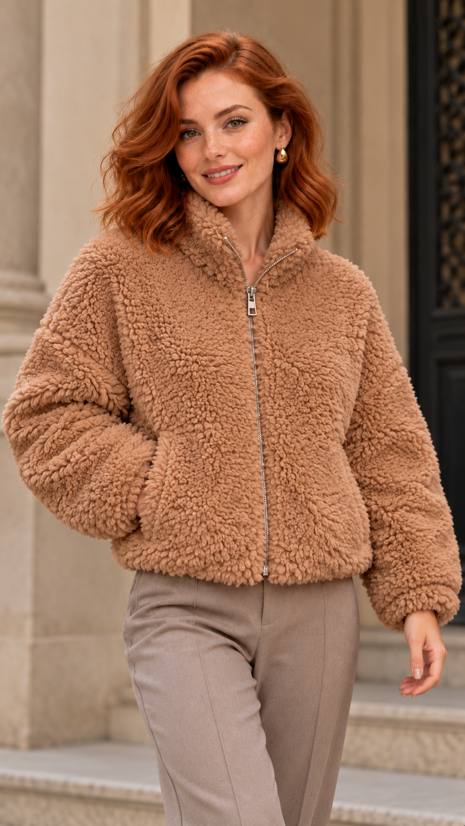 Celia, chaqueta corta de borreguito camel