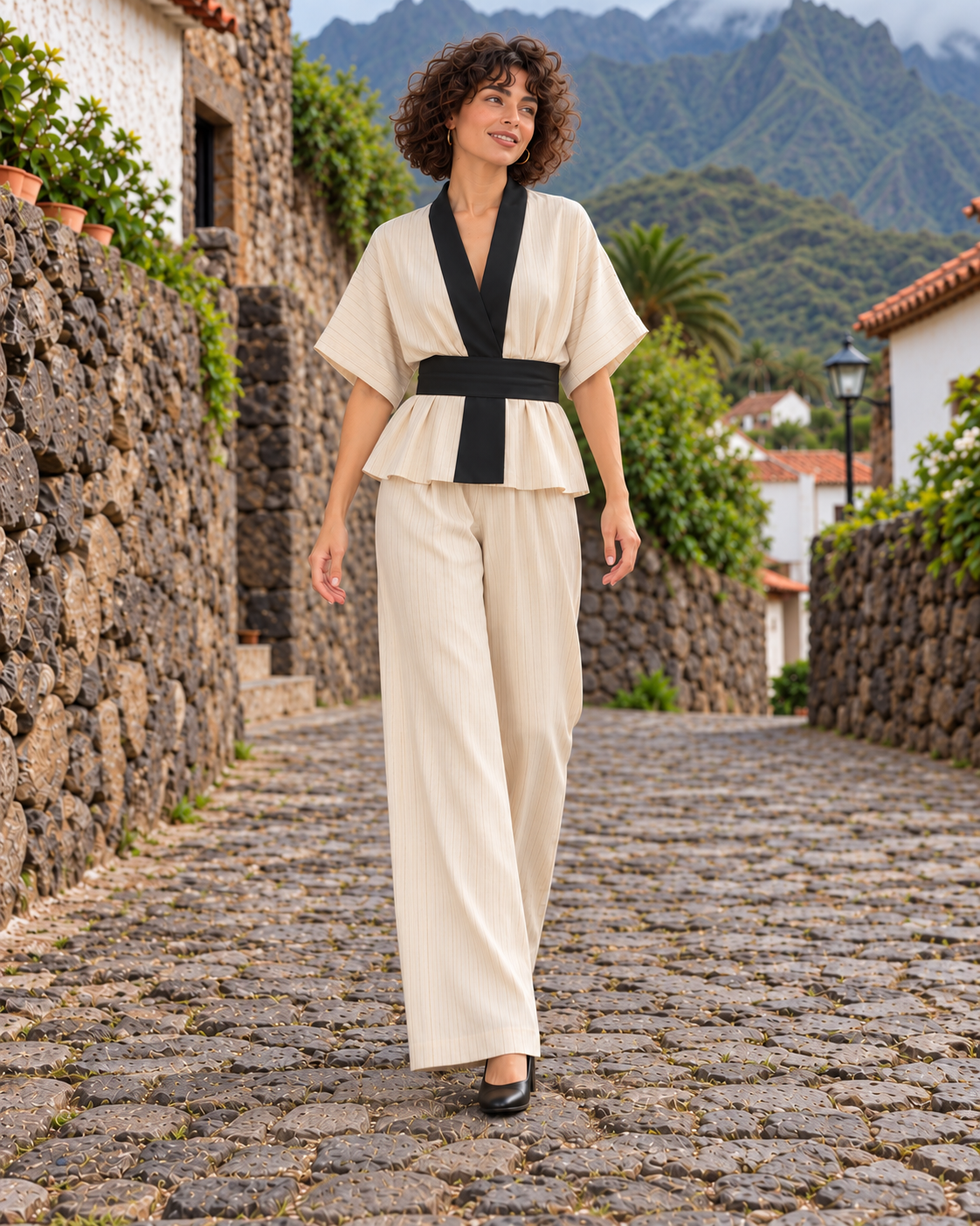 Conjunto Eliana beige y negro con Noa de cuerpo entero en Anaga, caminando