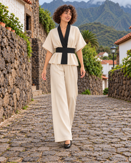 Conjunto Eliana beige y negro con Noa de cuerpo entero en Anaga, caminando