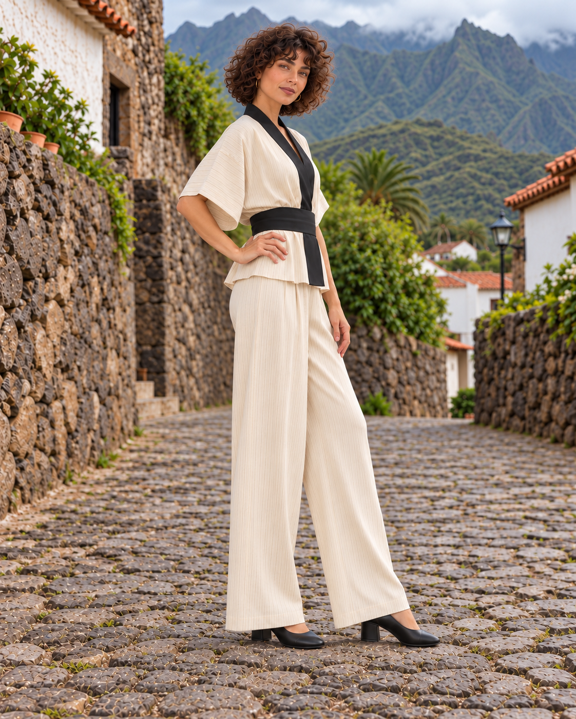 Conjunto Eliana beige y negro con Noa de cuerpo entero en Anaga, tres cuartos