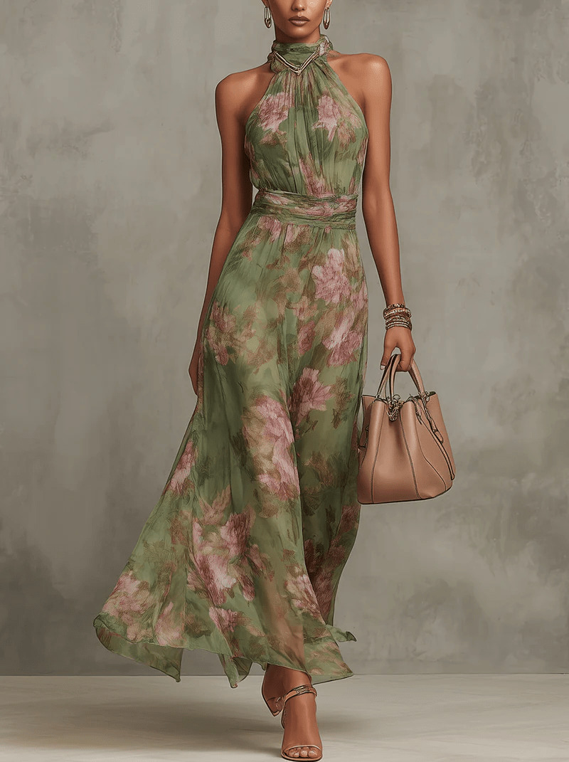 Aurora | Maxi Floral con Escote Halter y Caída Fluida