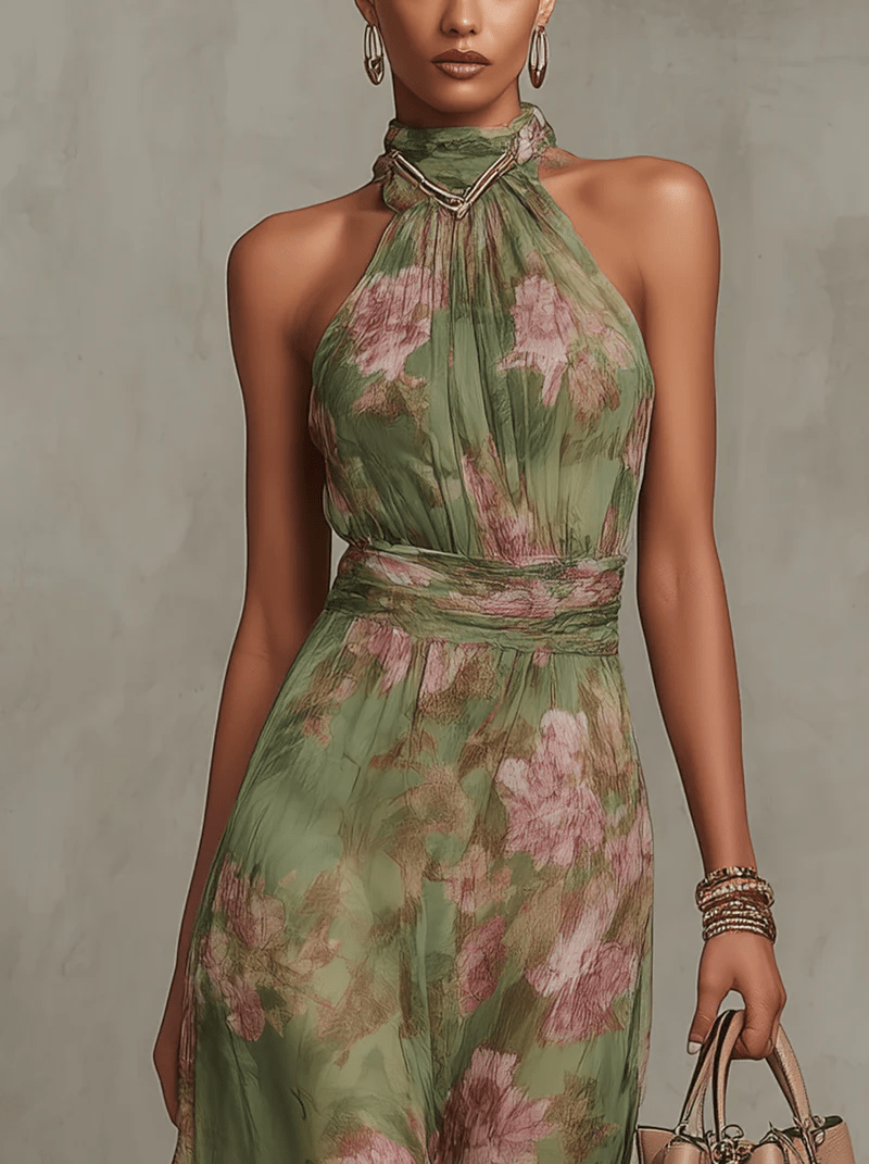 Aurora | Maxi Floral con Escote Halter y Caída Fluida