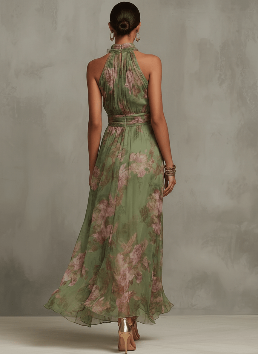 Aurora | Maxi Floral con Escote Halter y Caída Fluida