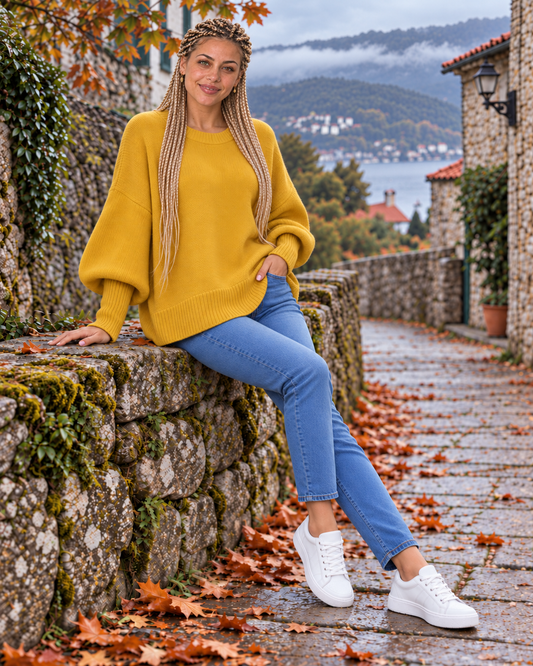 Jersey Iria amarillo con Vanesa, bajo recto y luz natural en calle de piedra