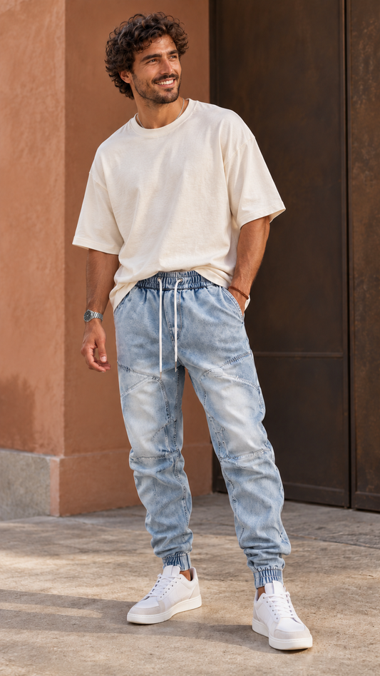 Vaquero jogger Izan azul claro, con cintura elástica y cordón, presentado por León