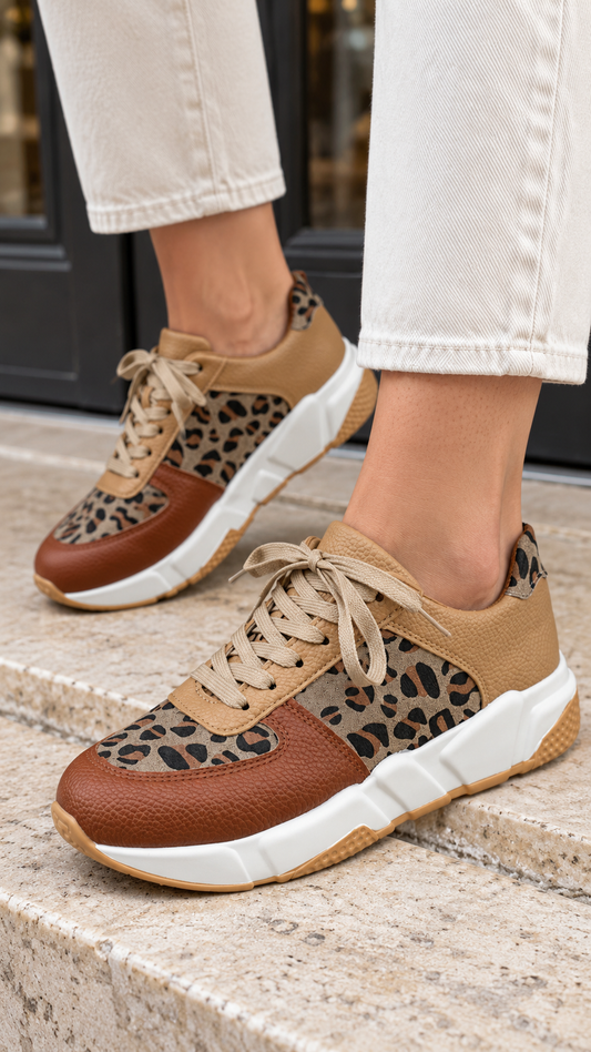 Zapatillas Jimena marrones con estampado de leopardo y vaquero crudo