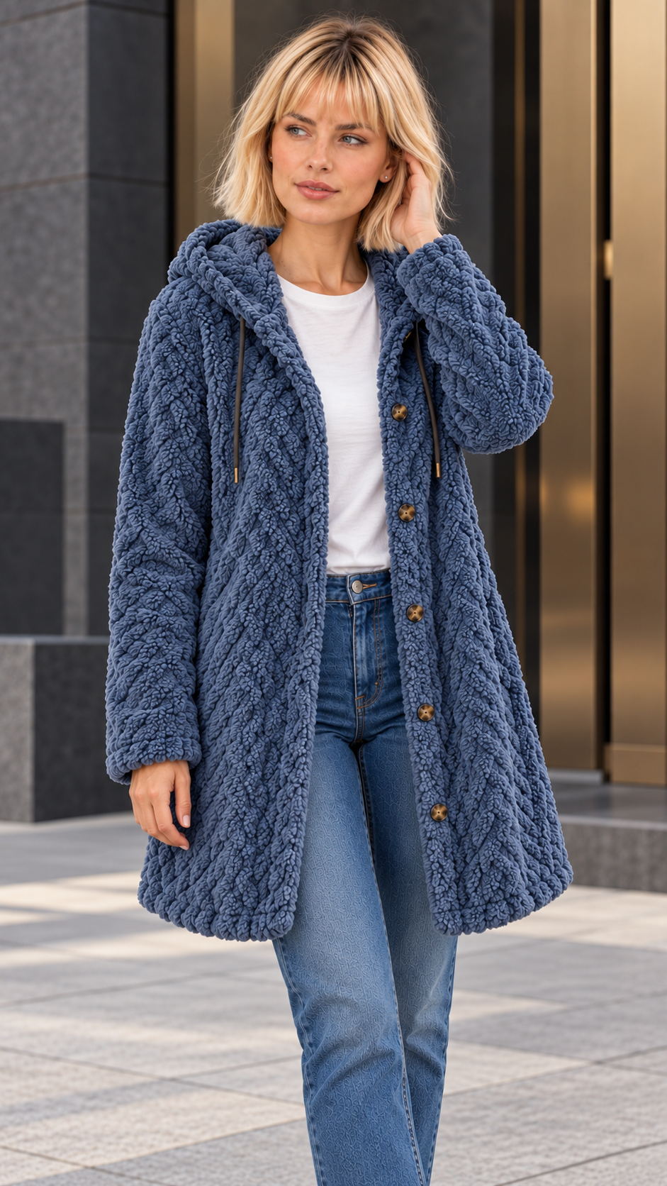 Lara, abrigo de efecto borreguito con capucha — Azul denim