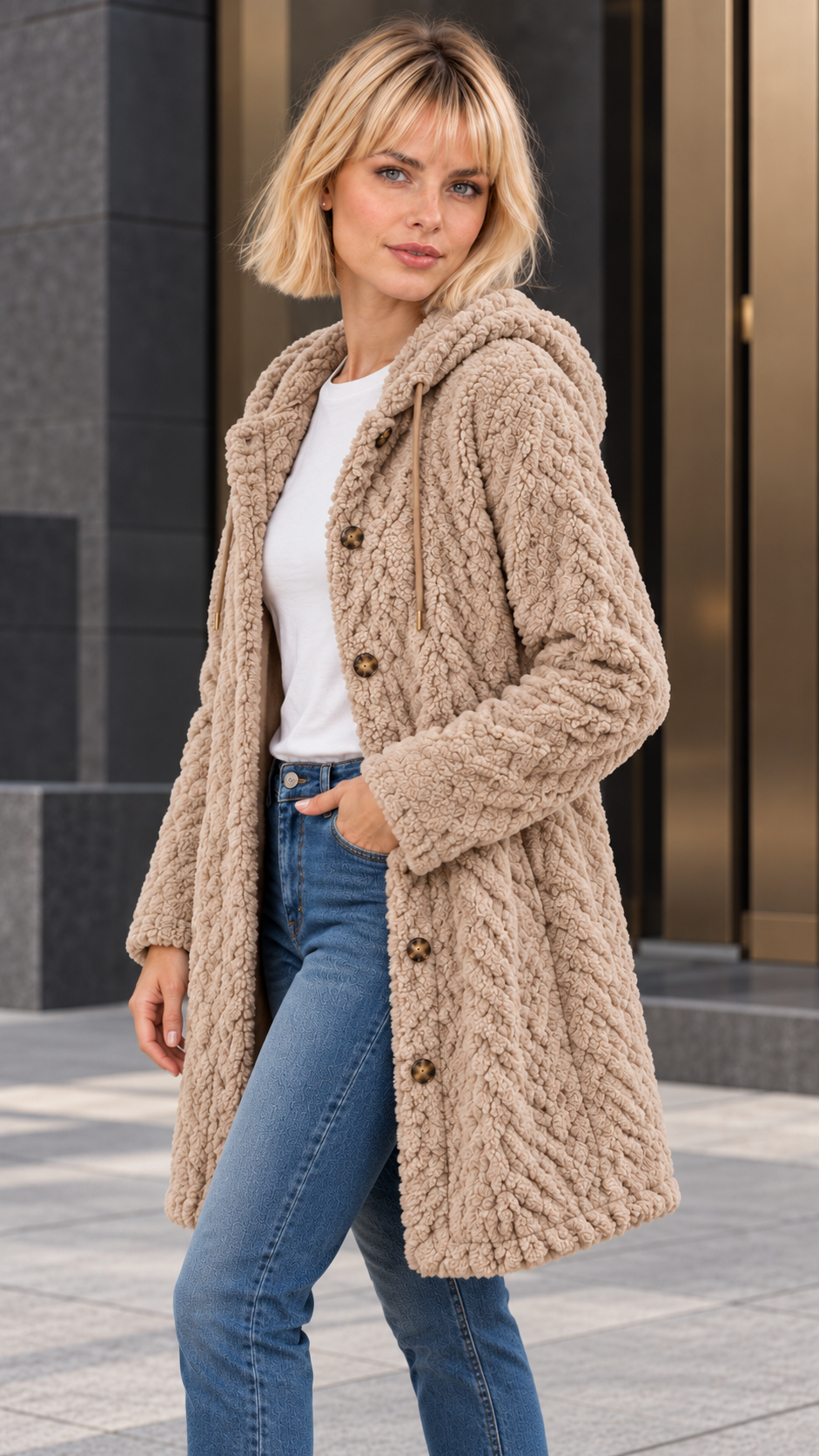 Lara, abrigo de efecto borreguito con capucha — Beige
