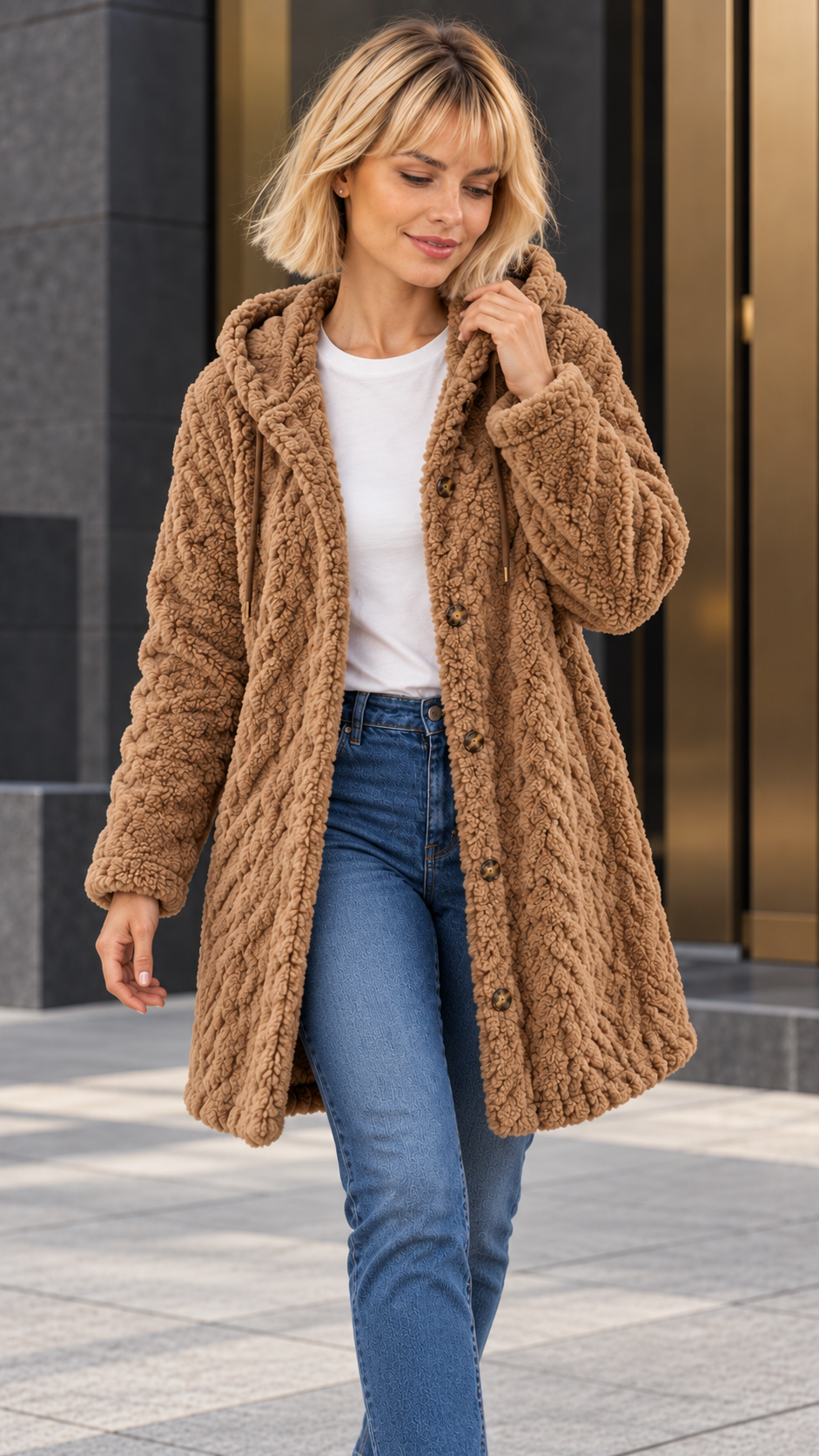Lara, abrigo de efecto borreguito con capucha — Camel