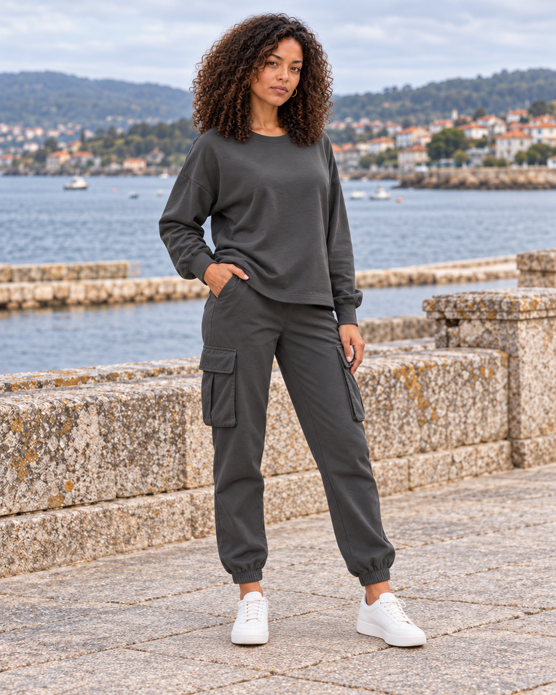 Lúa gris con Claudia de cuerpo entero en la ría de Arousa, pose y expresión natural