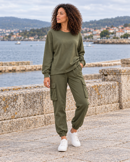 Lúa verde con Claudia de cuerpo entero mirando hacia la ría de Arousa