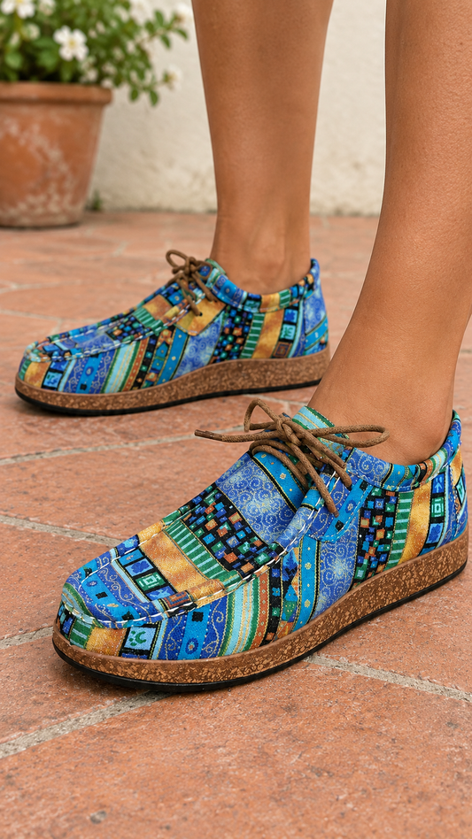 Zapatos Nuria azules con estampado boho sobre suelo de barro en patio canario