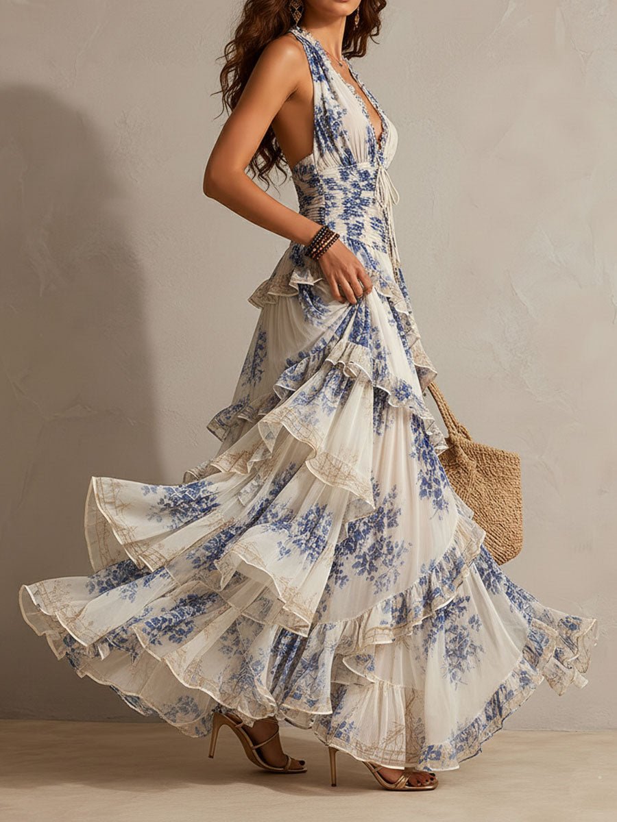 Celeste | Maxi Floral con Escote Halter y Detalle Fruncido