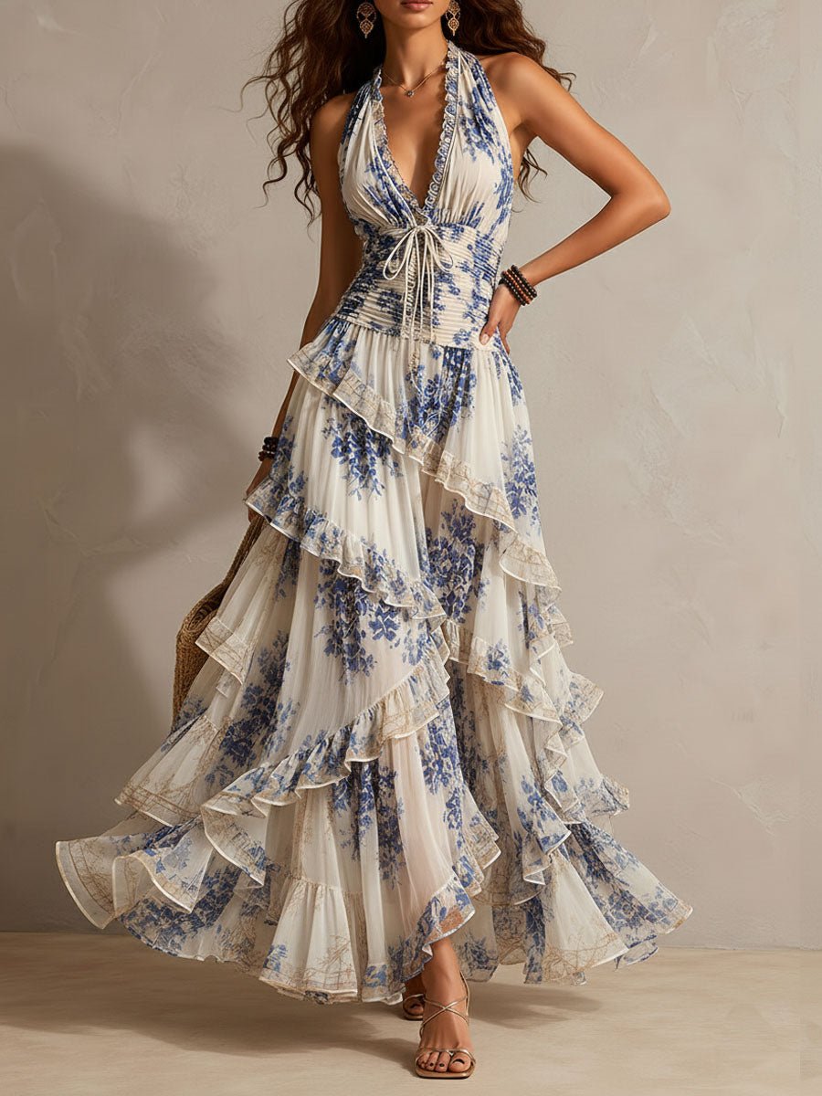 Celeste | Maxi Floral con Escote Halter y Detalle Fruncido