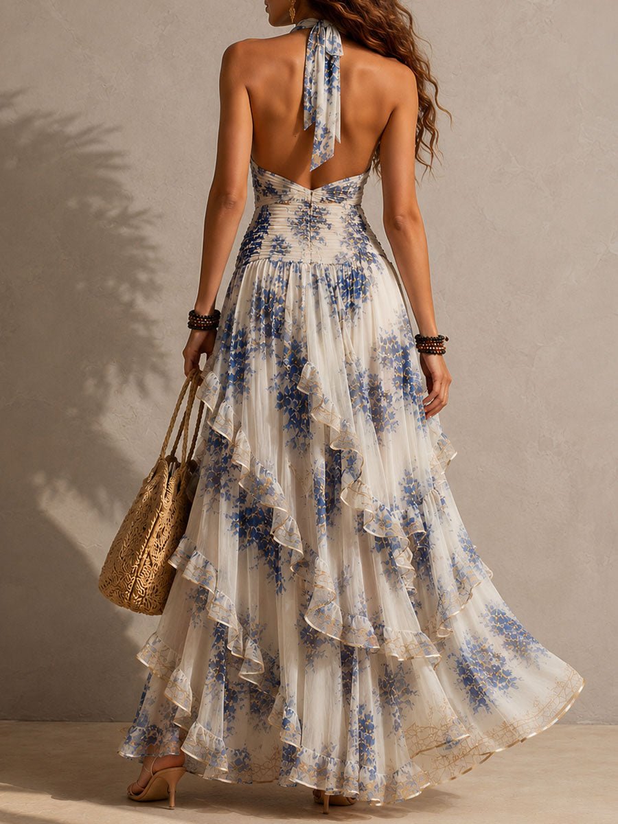 Celeste | Maxi Floral con Escote Halter y Detalle Fruncido