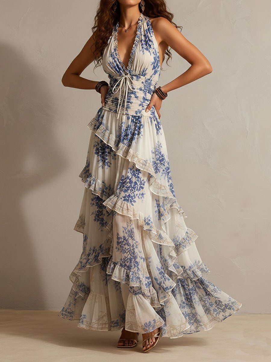 Celeste | Maxi Floral con Escote Halter y Detalle Fruncido