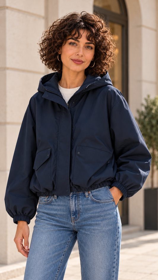 Vega, chaqueta corta con capucha y bajo fruncido — Azul marino