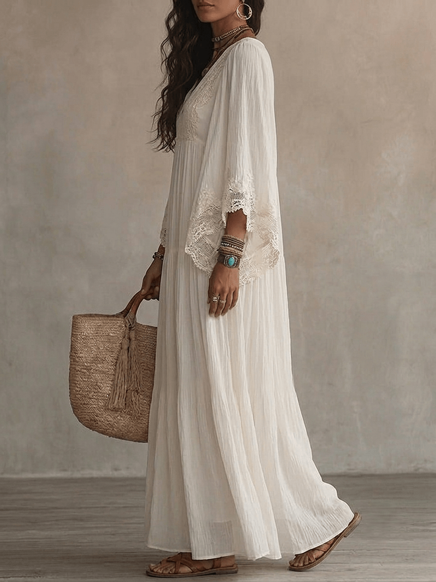 Noémie | Maxi Fluido con Encaje y Escote en V