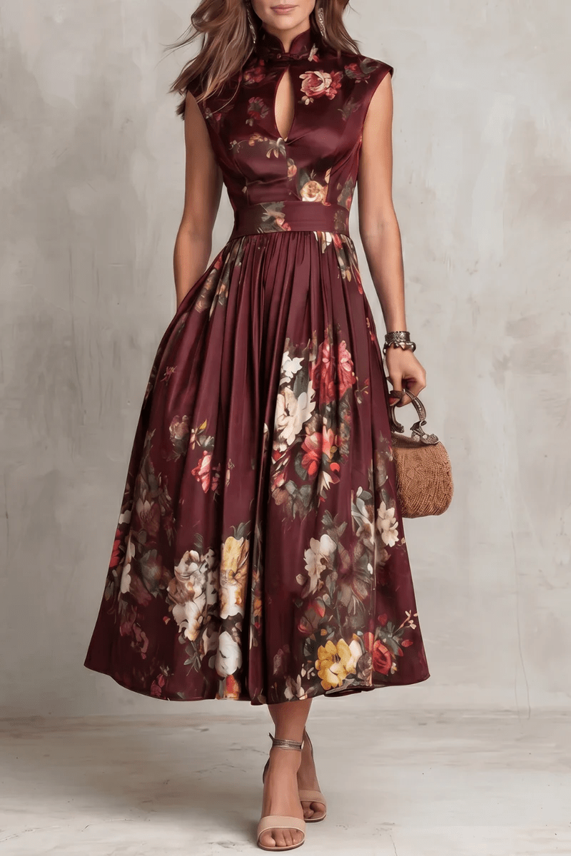 Camille | Midi Satinado Floral con Detalle Plisado