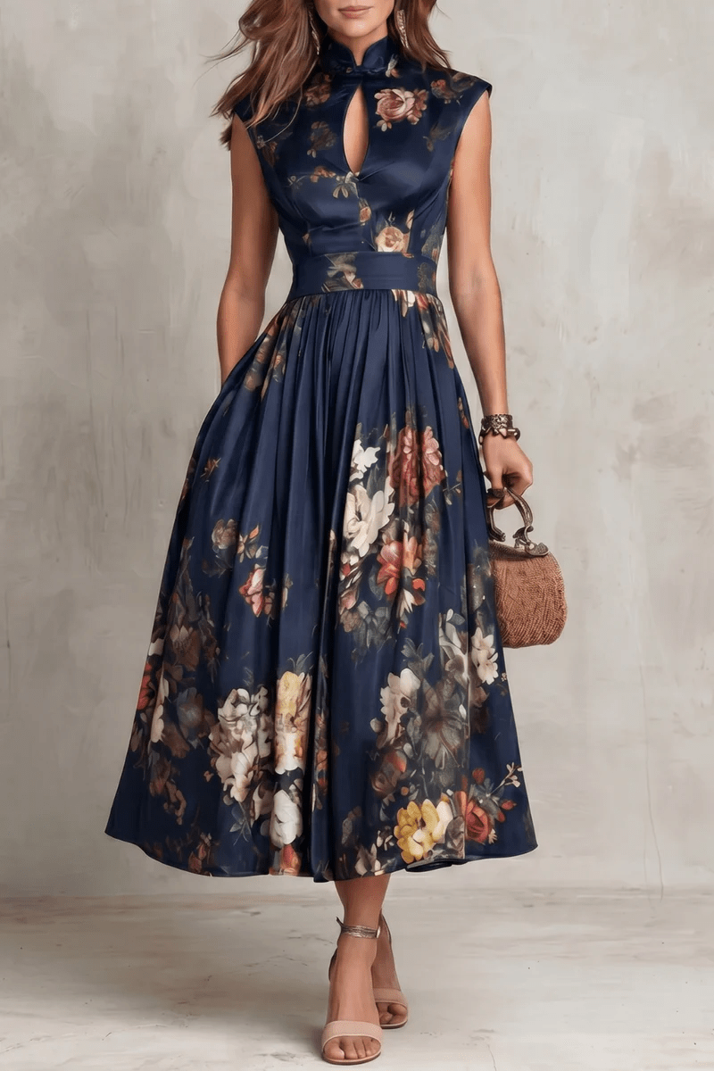 Camille | Midi Satinado Floral con Detalle Plisado