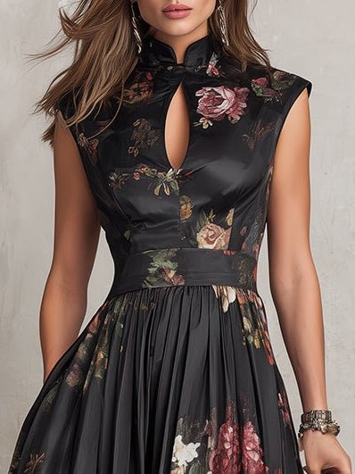 Camille | Midi Satinado Floral con Detalle Plisado
