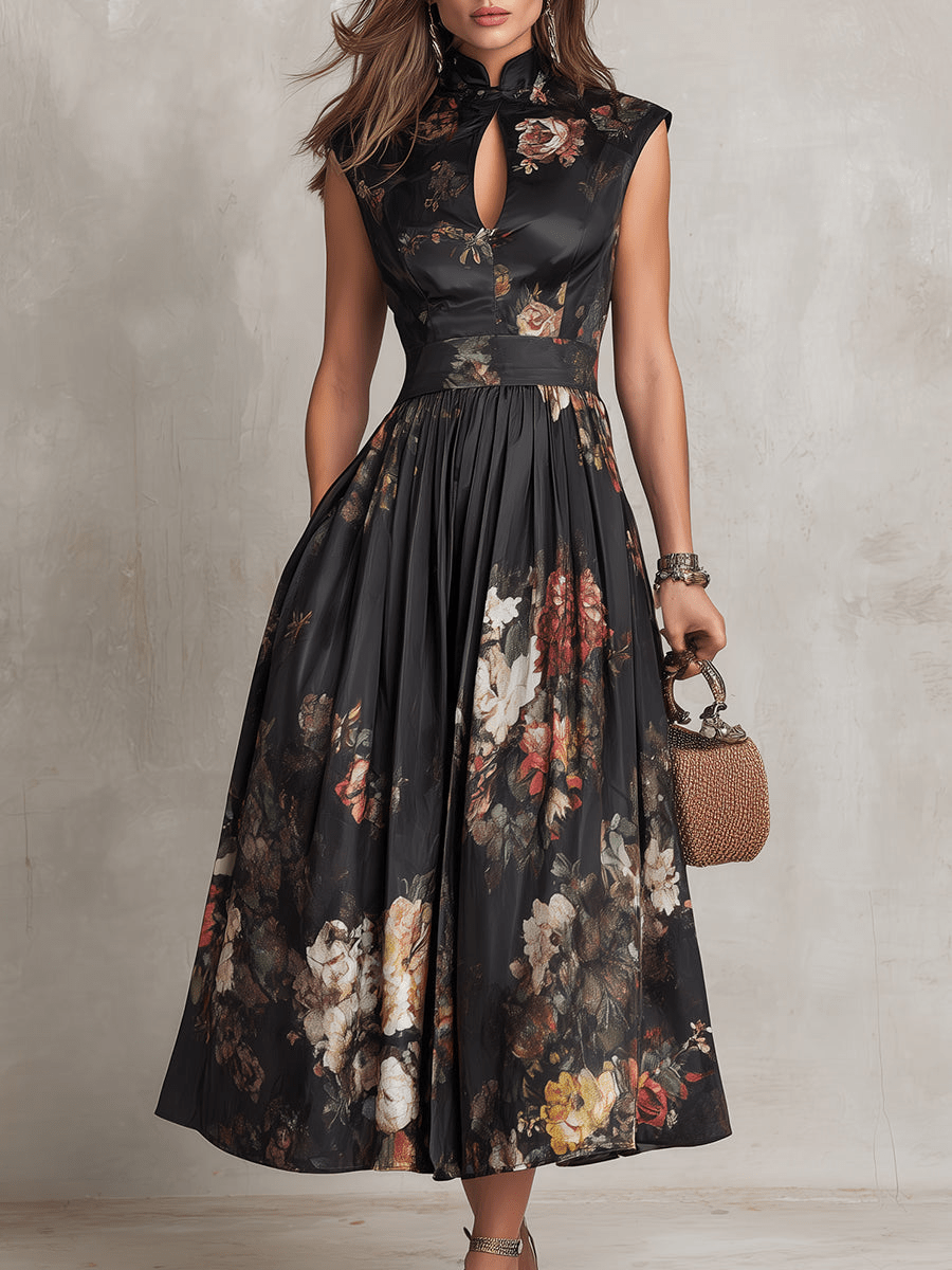 Camille | Midi Satinado Floral con Detalle Plisado
