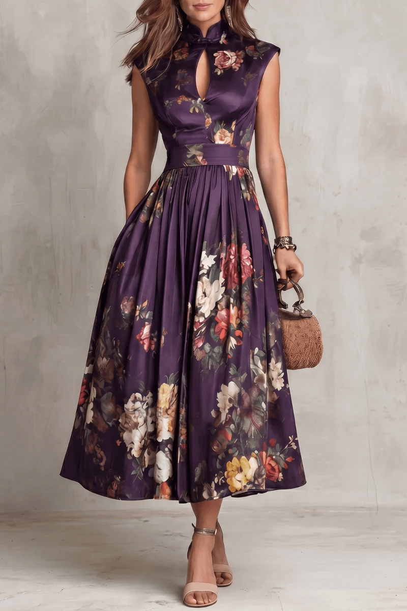Camille | Midi Satinado Floral con Detalle Plisado