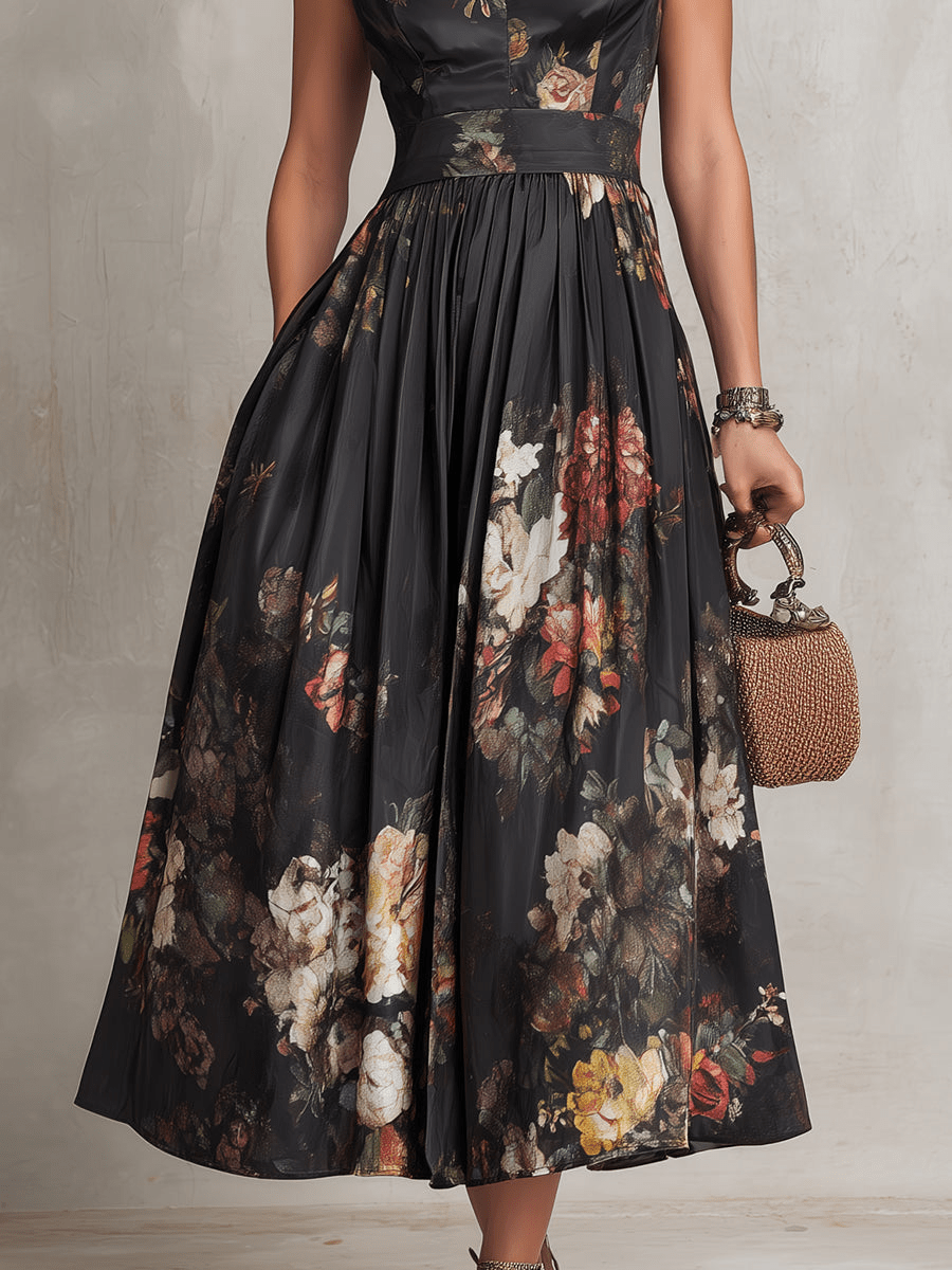 Camille | Midi Satinado Floral con Detalle Plisado