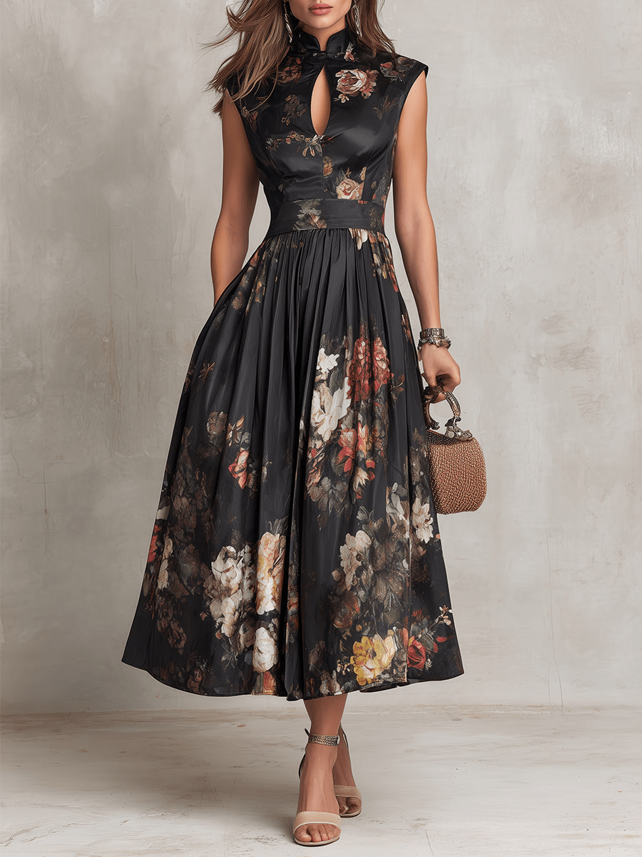 Camille | Midi Satinado Floral con Detalle Plisado