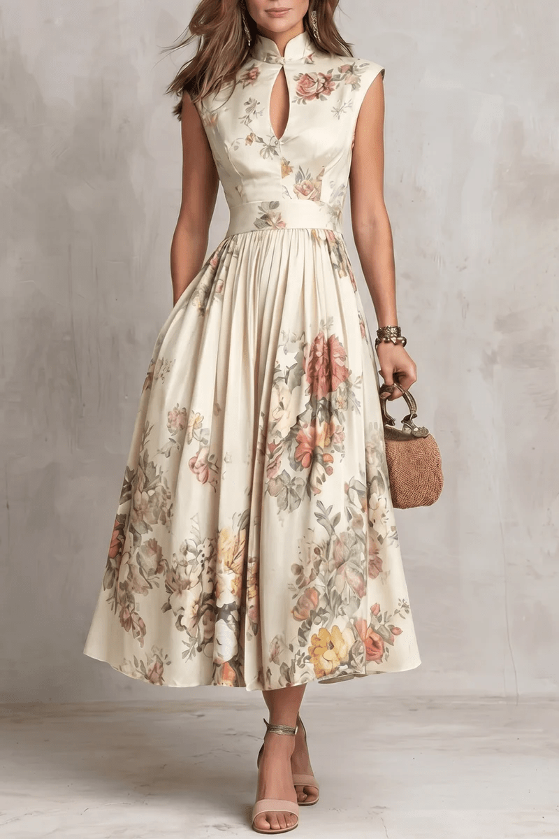 Camille | Midi Satinado Floral con Detalle Plisado