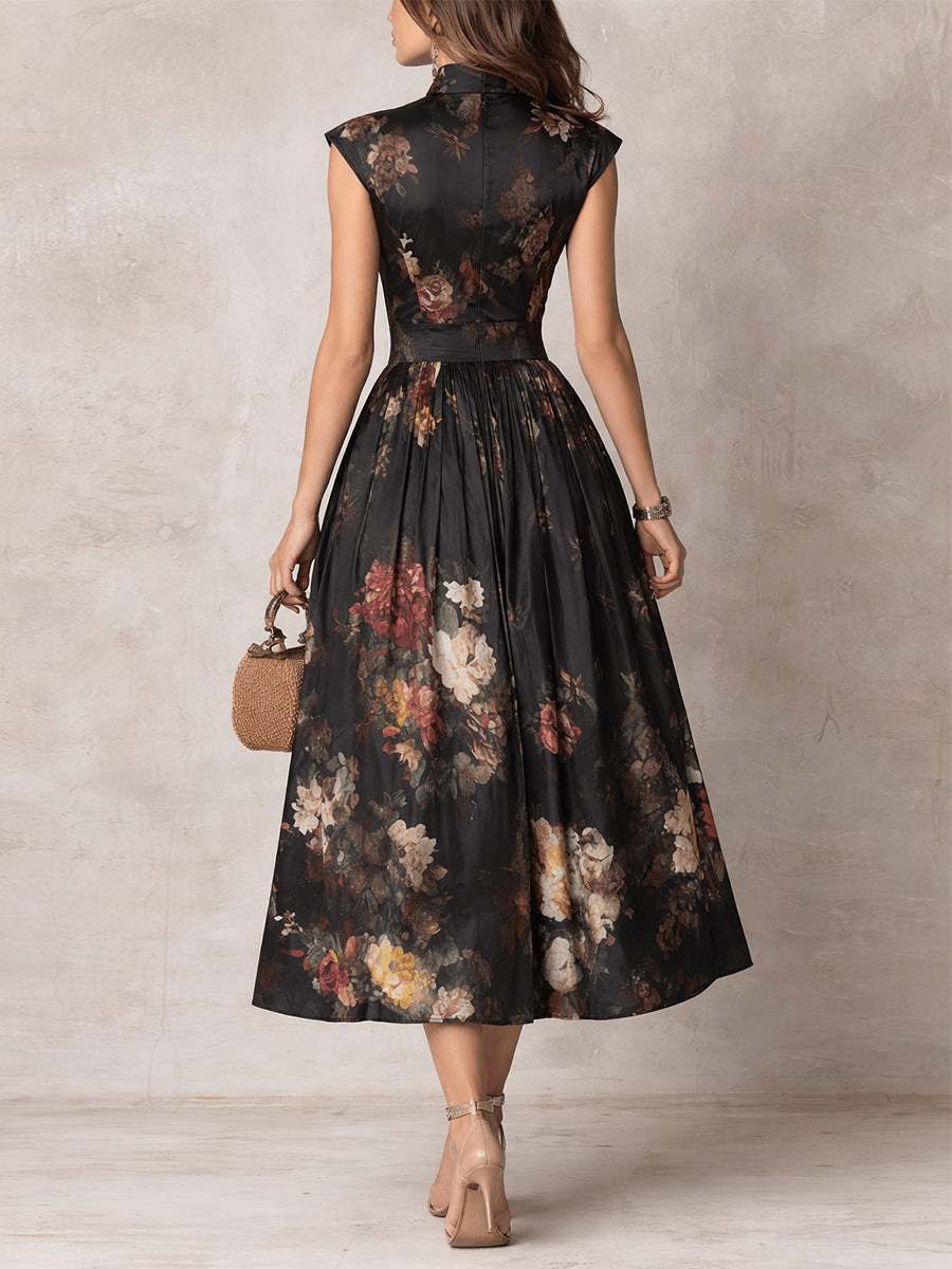 Camille | Midi Satinado Floral con Detalle Plisado